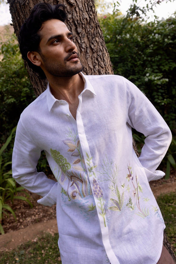 Verdant Realm Linen Embroidered Shirt