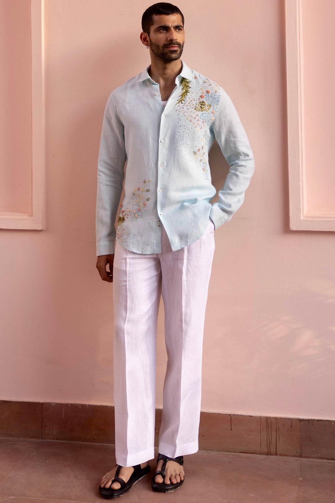 Seafoam Meadow Linen Embroidered Shirt