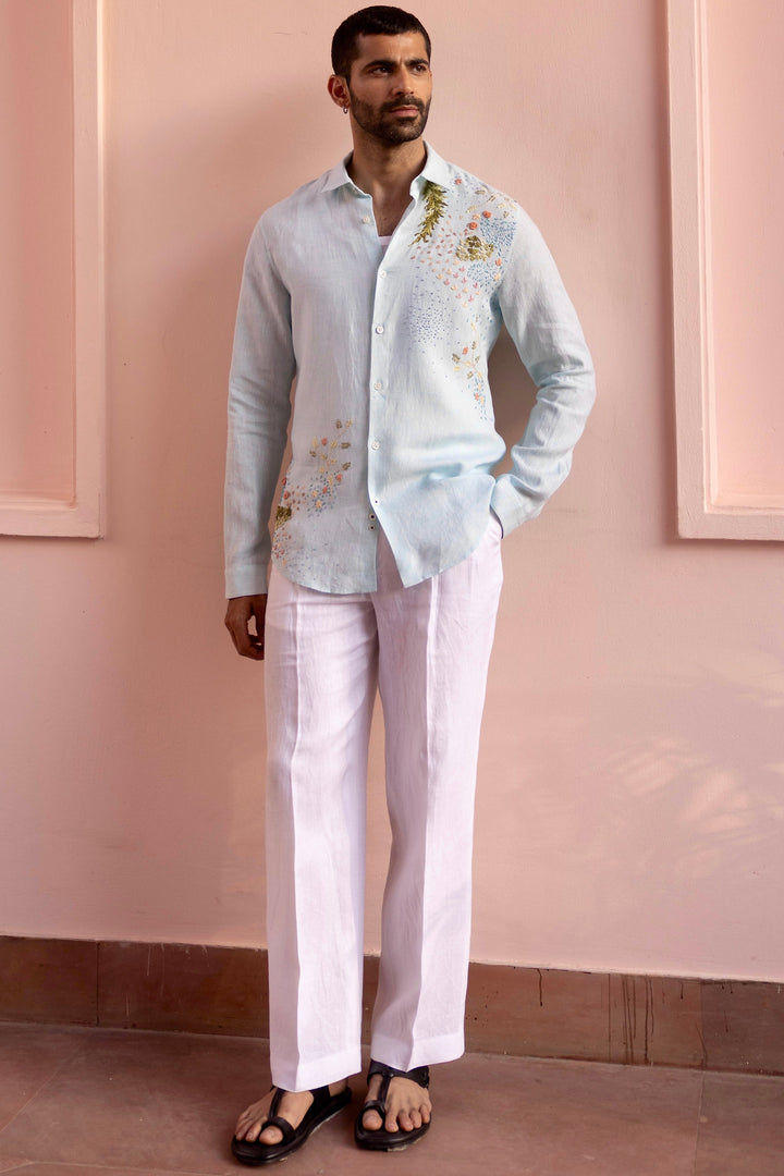 Seafoam Meadow Linen Embroidered Shirt