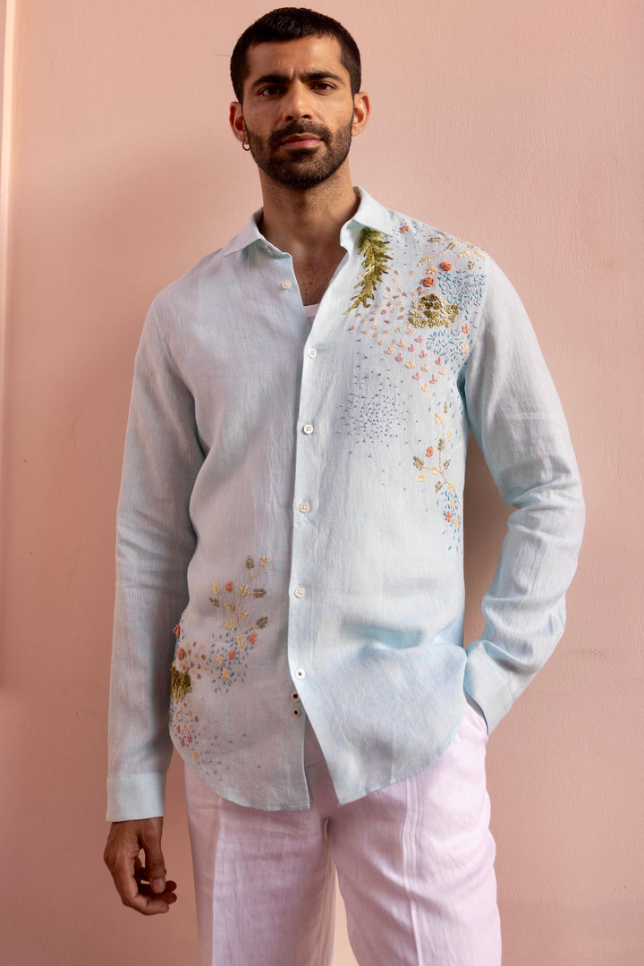 Seafoam Meadow Linen Embroidered Shirt