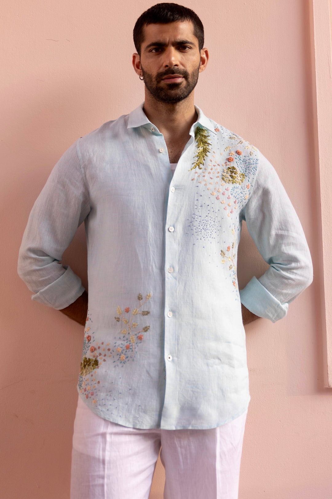 Seafoam Meadow Linen Embroidered Shirt