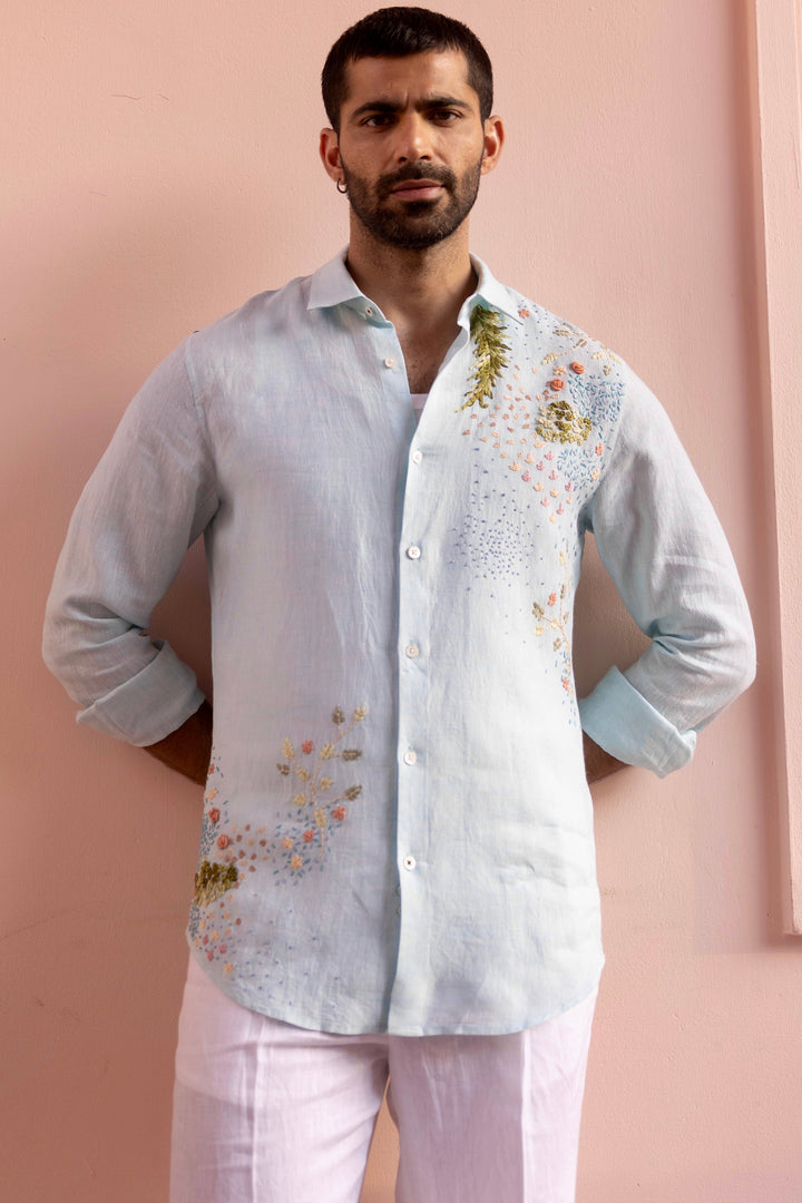 Seafoam Meadow Linen Embroidered Shirt