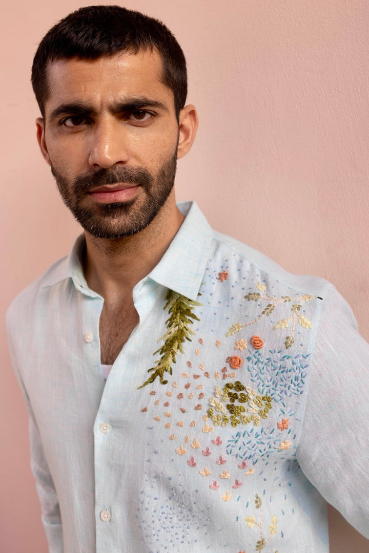 Seafoam Meadow Linen Embroidered Shirt