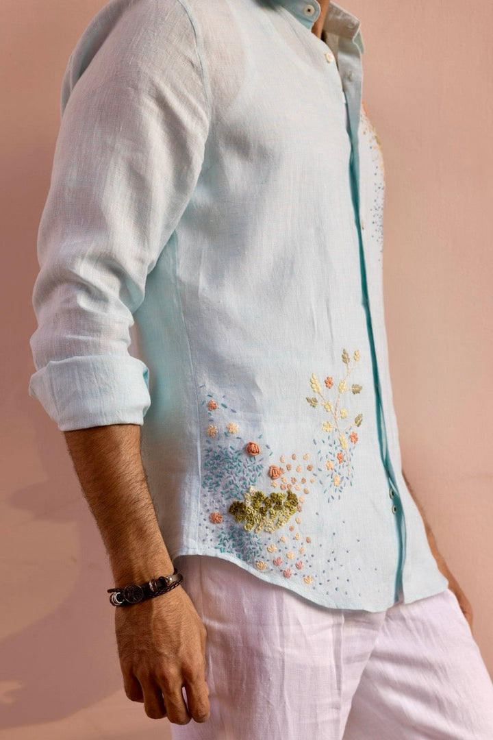 Seafoam Meadow Linen Embroidered Shirt