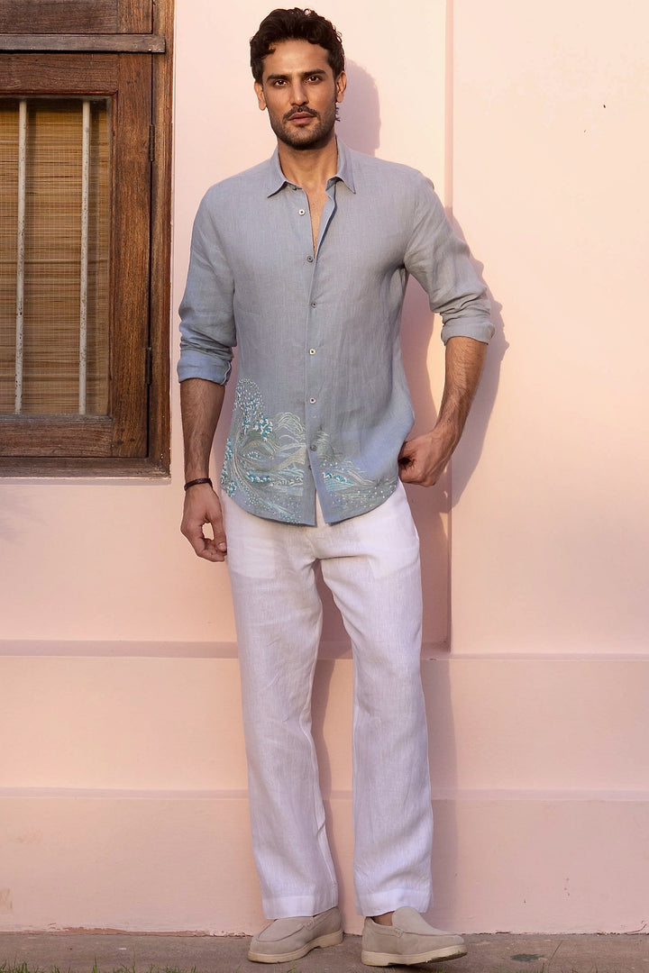 Tidal Drift Linen Embroidered Shirt