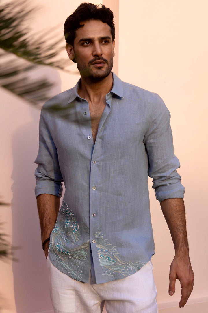 Tidal Drift Linen Embroidered Shirt
