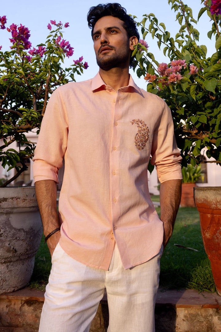 Blush Paisley Linen Embroidered Shirt