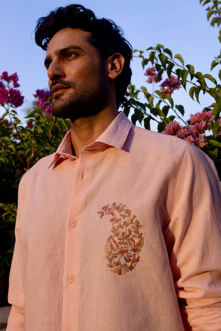 Blush Paisley Linen Embroidered Shirt