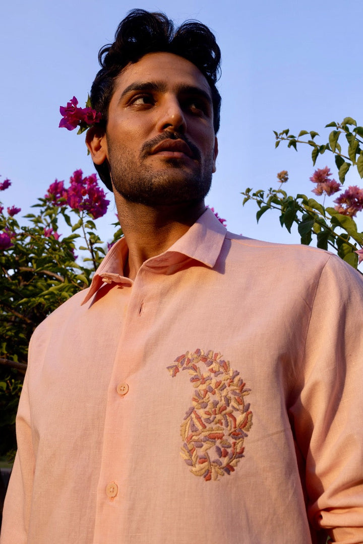 Blush Paisley Linen Embroidered Shirt