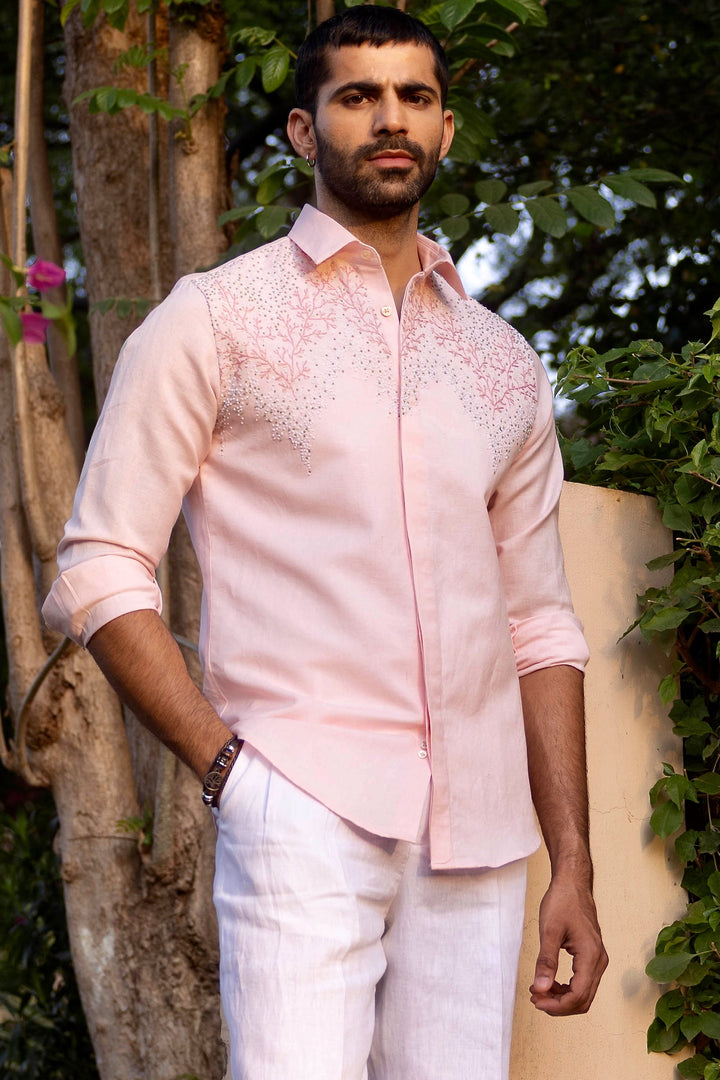 Coral Bloom Linen Embroidered Shirt