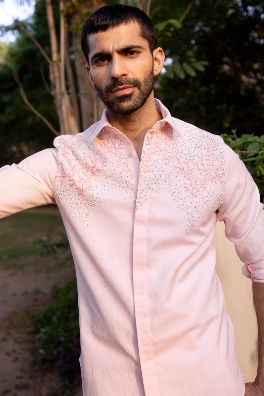 Coral Bloom Linen Embroidered Shirt