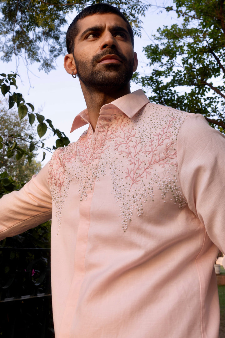 Coral Bloom Linen Embroidered Shirt