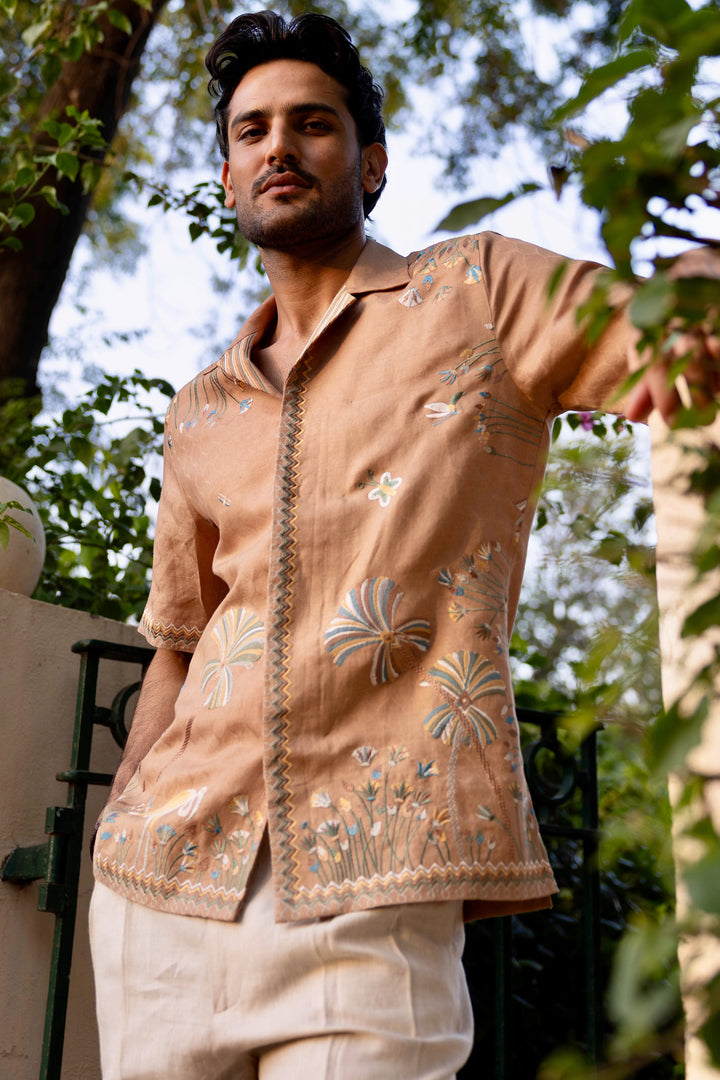 Terracotta Mirage Linen Embroidered Shirt