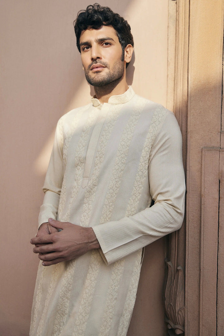 Beige Dori Embroidery Chanderi Silk Kurta - Asuka Couture