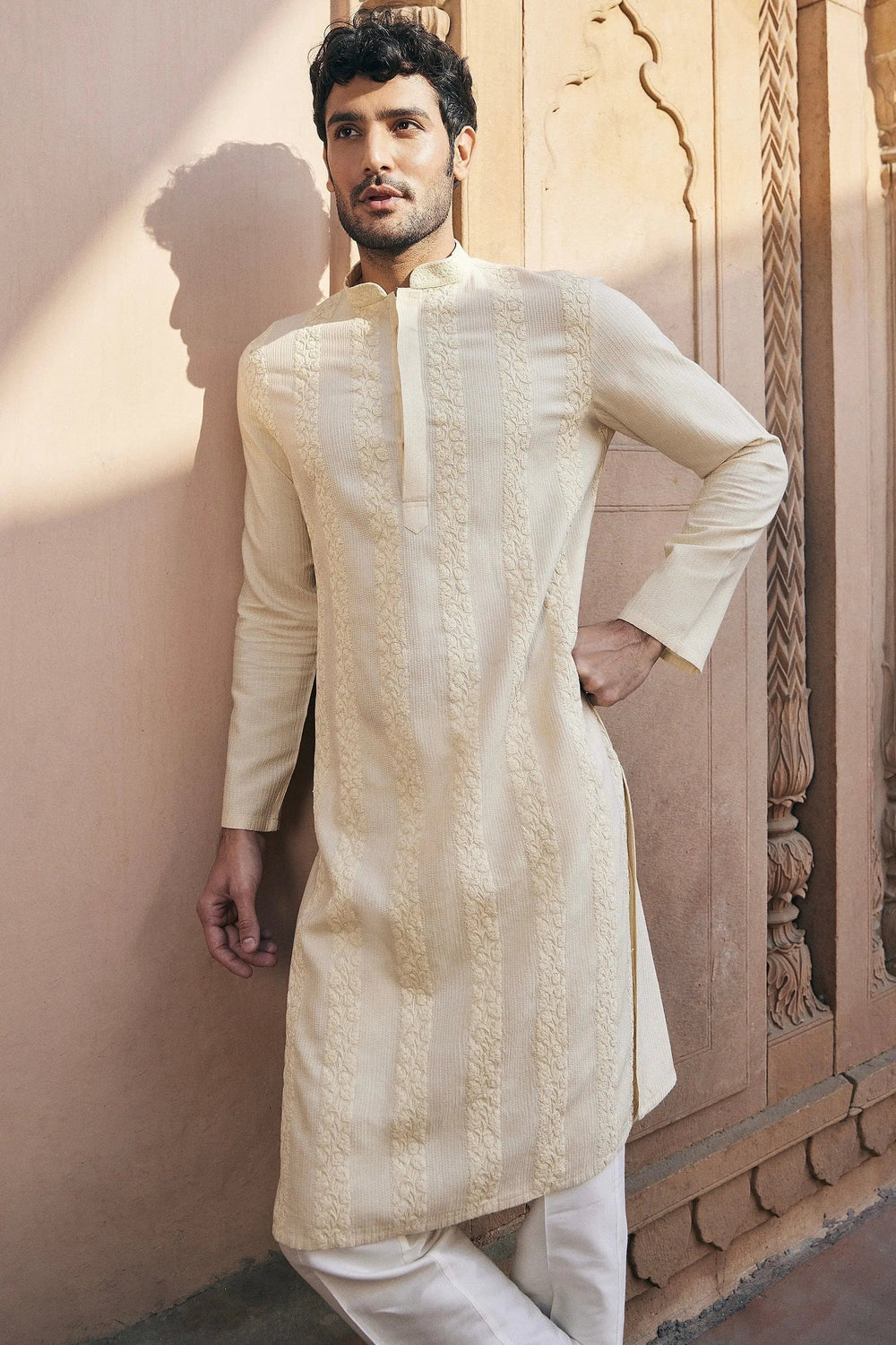 Beige Dori Embroidery Chanderi Silk Kurta - Asuka Couture