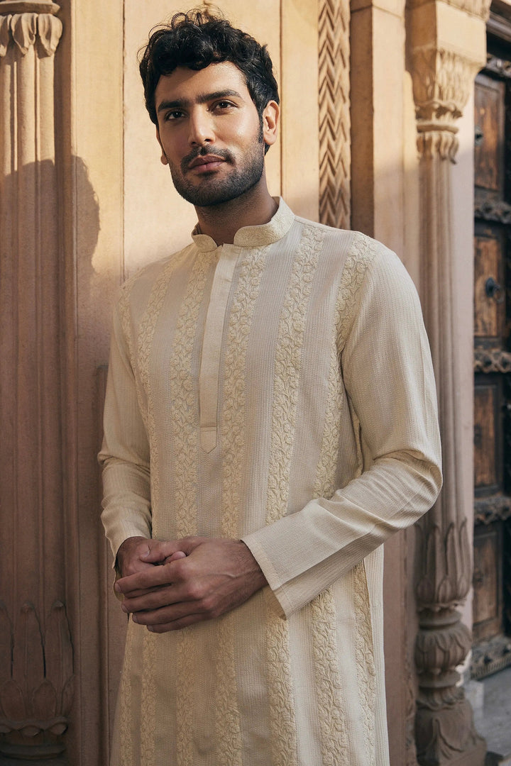 Beige Dori Embroidery Chanderi Silk Kurta - Asuka Couture