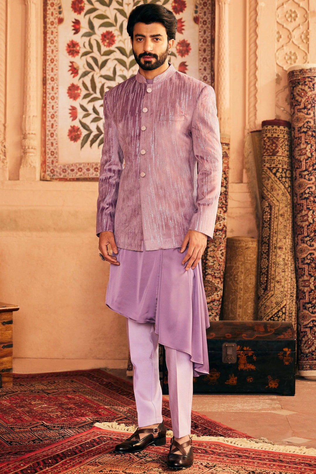 Purple Velvet Sequins Embroidered Bandhgala - Asuka Couture