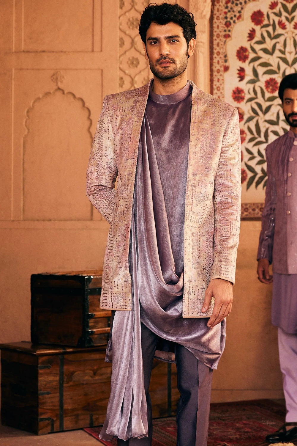 Purple Resham Embroidery Bandhgala with Draped Kurta - Asuka Couture
