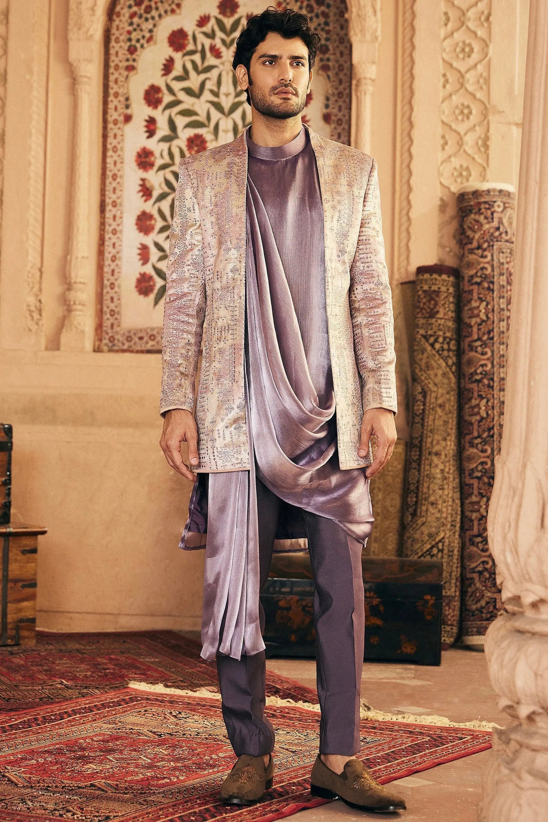 Purple Resham Embroidery Bandhgala with Draped Kurta - Asuka Couture