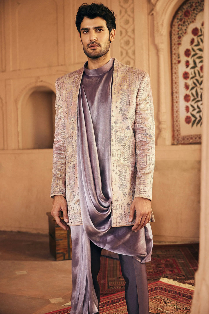 Purple Resham Embroidery Bandhgala with Draped Kurta - Asuka Couture