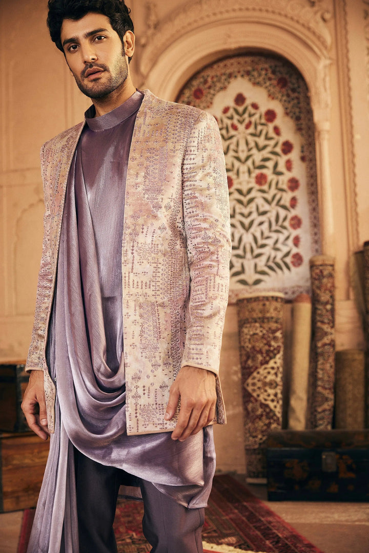 Purple Resham Embroidery Bandhgala with Draped Kurta - Asuka Couture