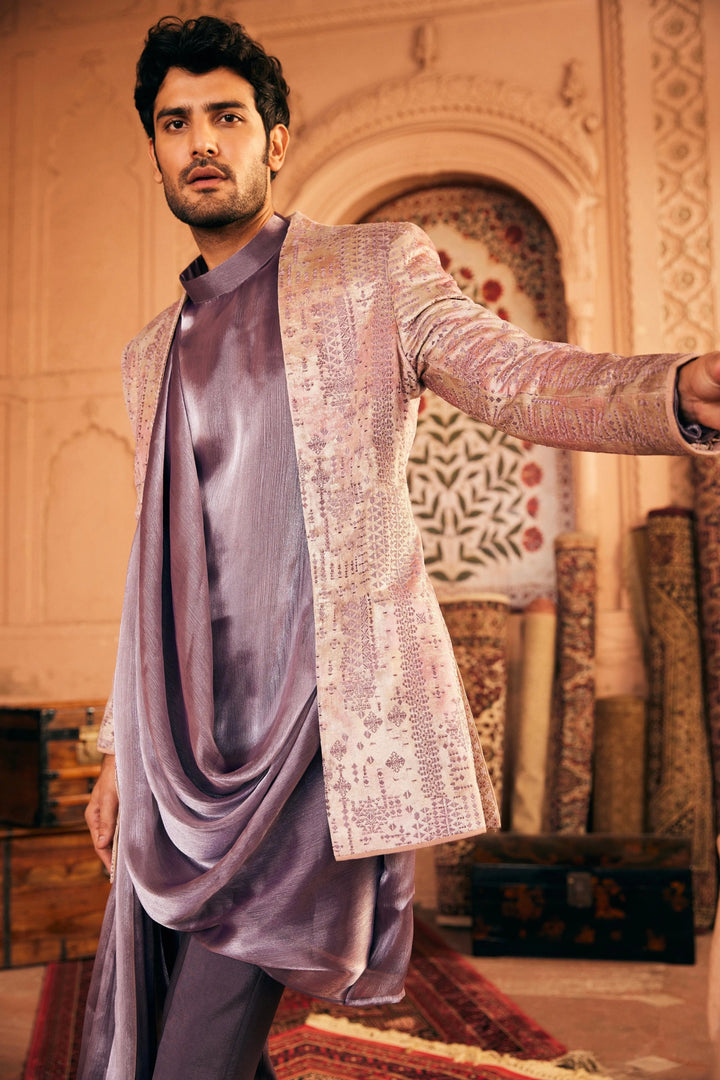 Purple Resham Embroidery Bandhgala with Draped Kurta - Asuka Couture