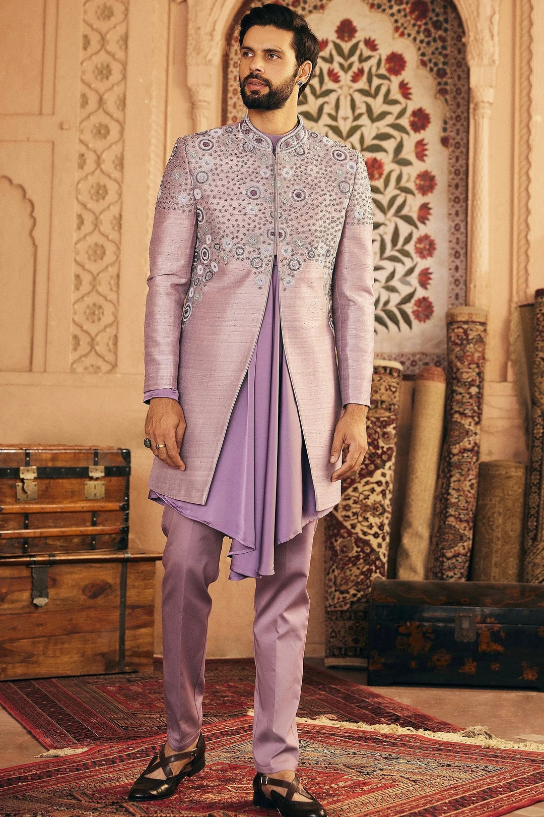 Lilac Embroidered Raw Silk Indowestern  Set - Asuka Couture
