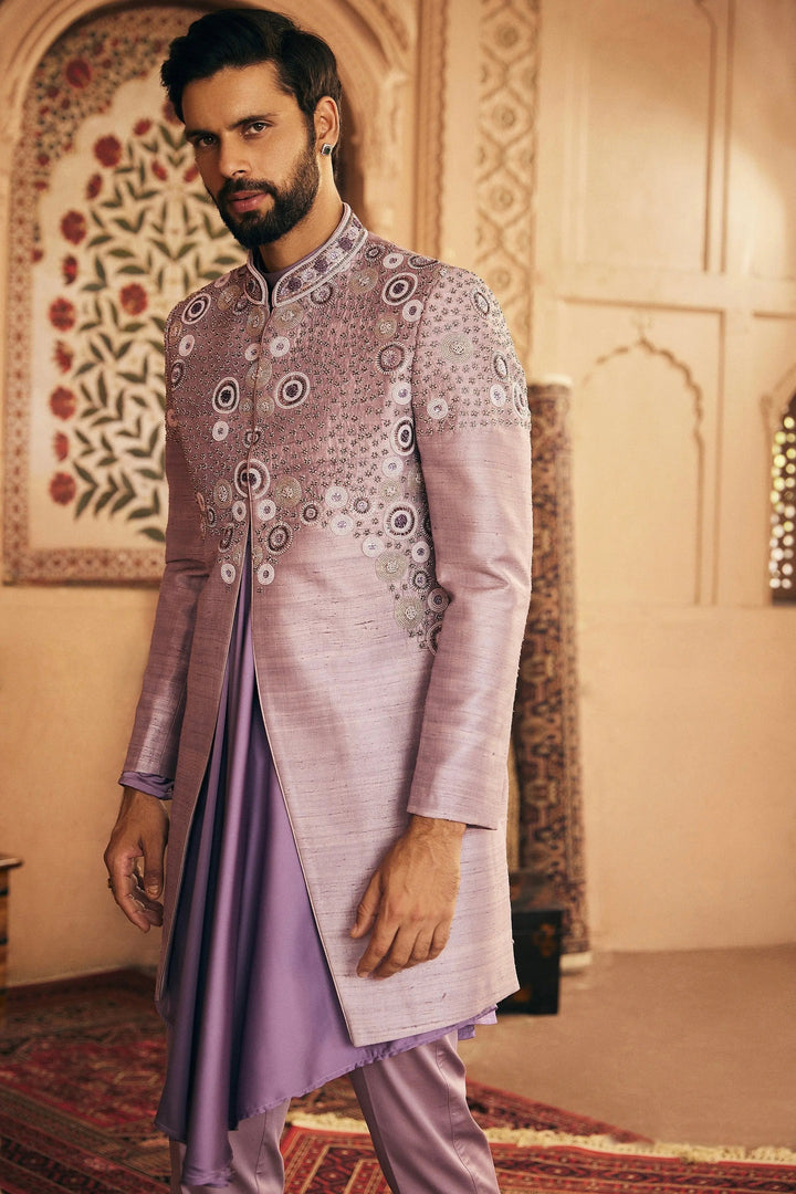 Lilac Embroidered Raw Silk Indowestern  Set - Asuka Couture