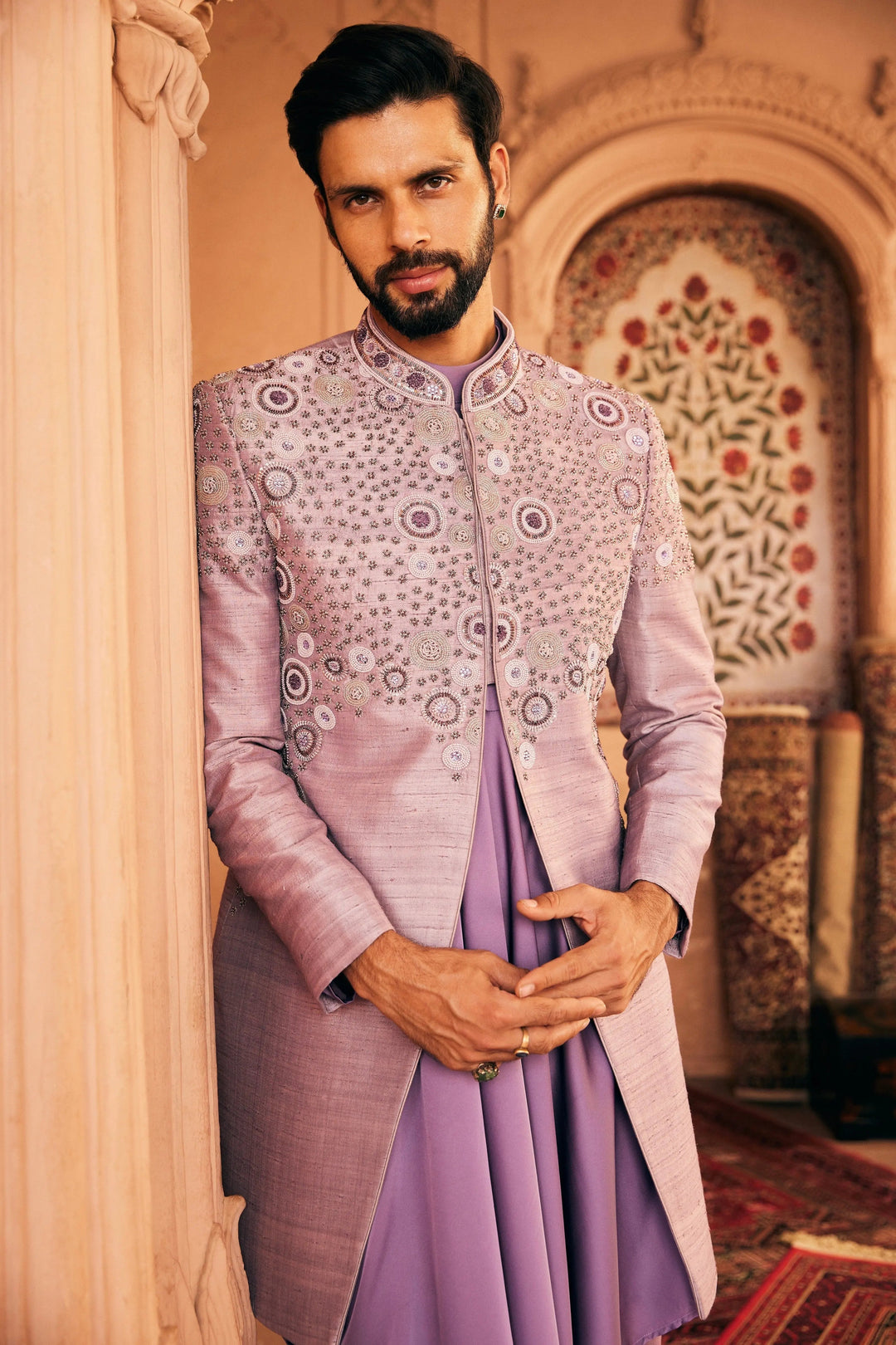 Lilac Embroidered Raw Silk Indowestern  Set - Asuka Couture