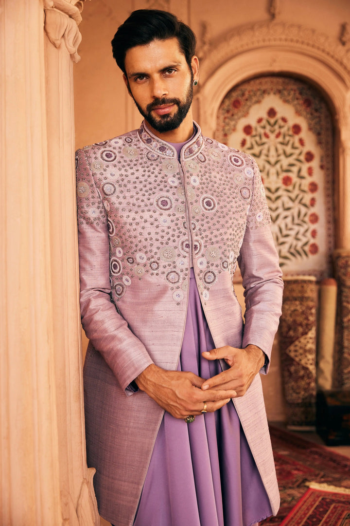 Lilac Embroidered Raw Silk Indowestern  Set - Asuka Couture