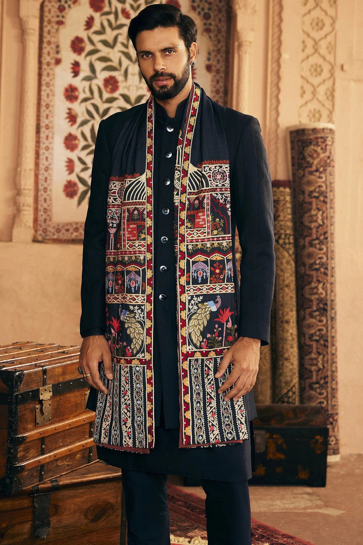 Hand-Picked Stitch: Navy Blue Indowestern with Patchwork Pintuck - Asuka Couture