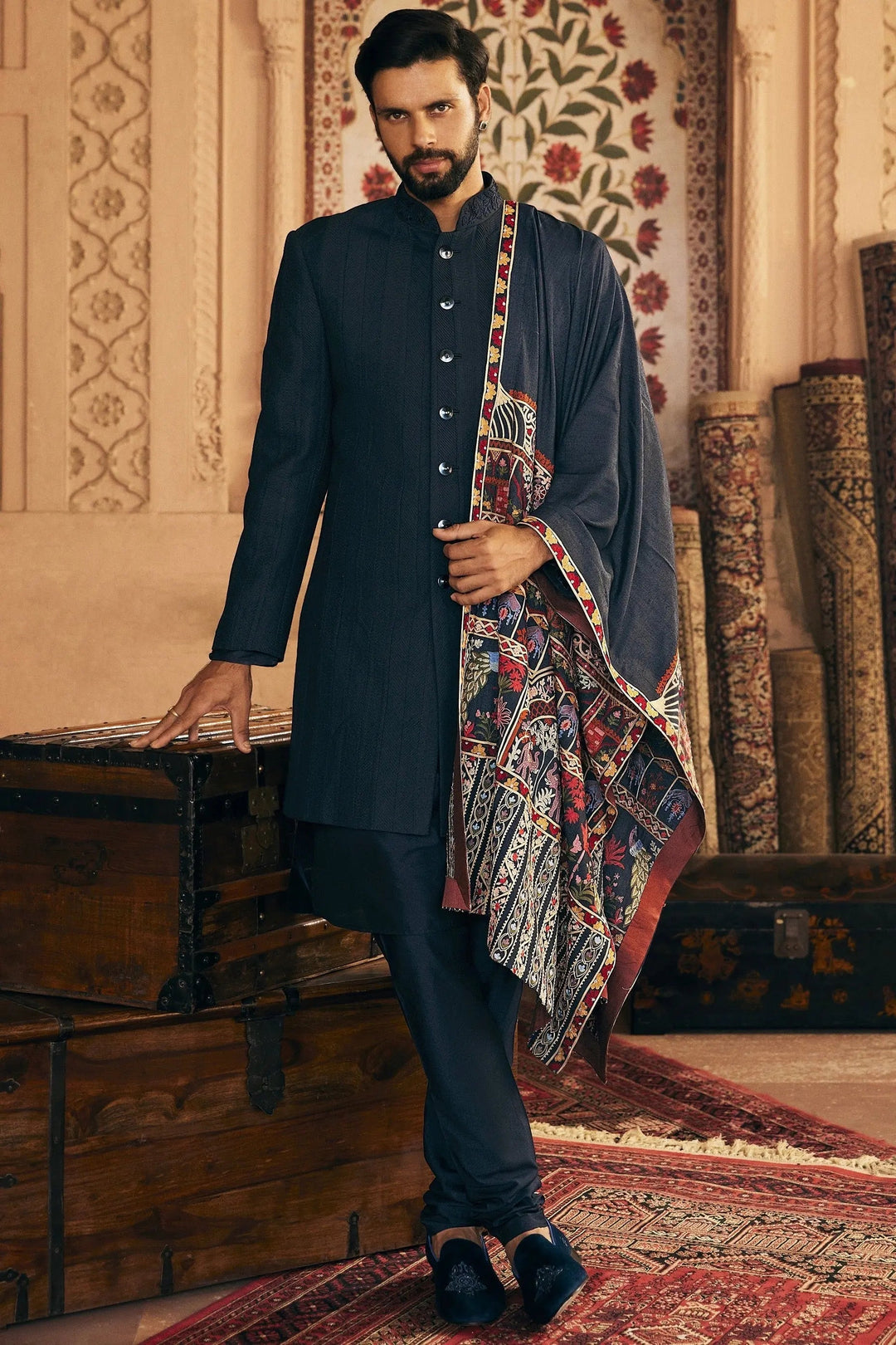 Hand-Picked Stitch: Navy Blue Indowestern with Patchwork Pintuck - Asuka Couture