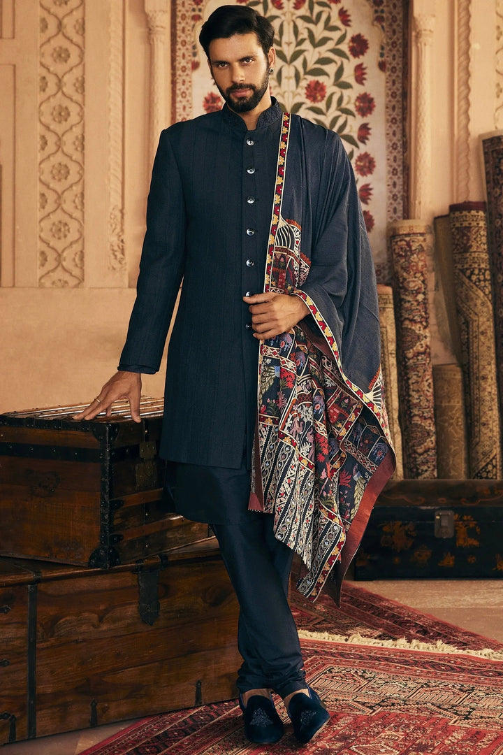 Hand-Picked Stitch: Navy Blue Indowestern with Patchwork Pintuck - Asuka Couture