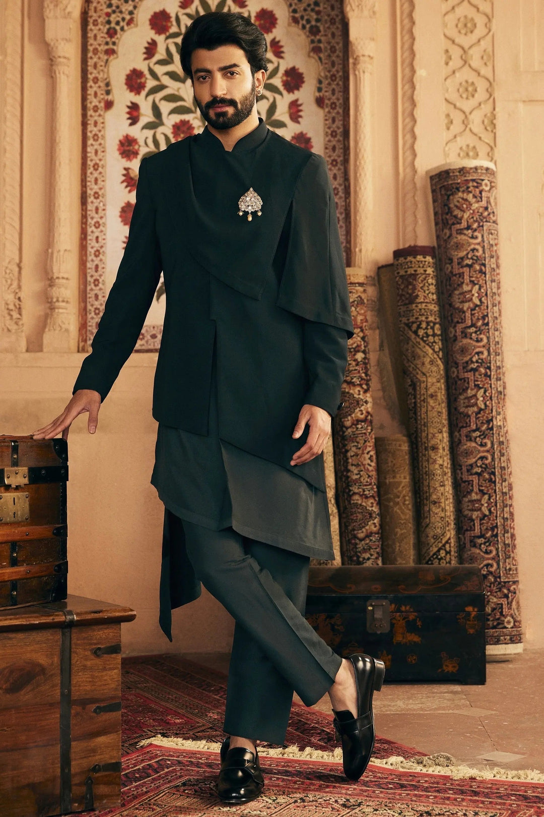 Asymmetric Allure: Indo-Inspired Ensemble with Gilded Brooch Accent - Asuka Couture