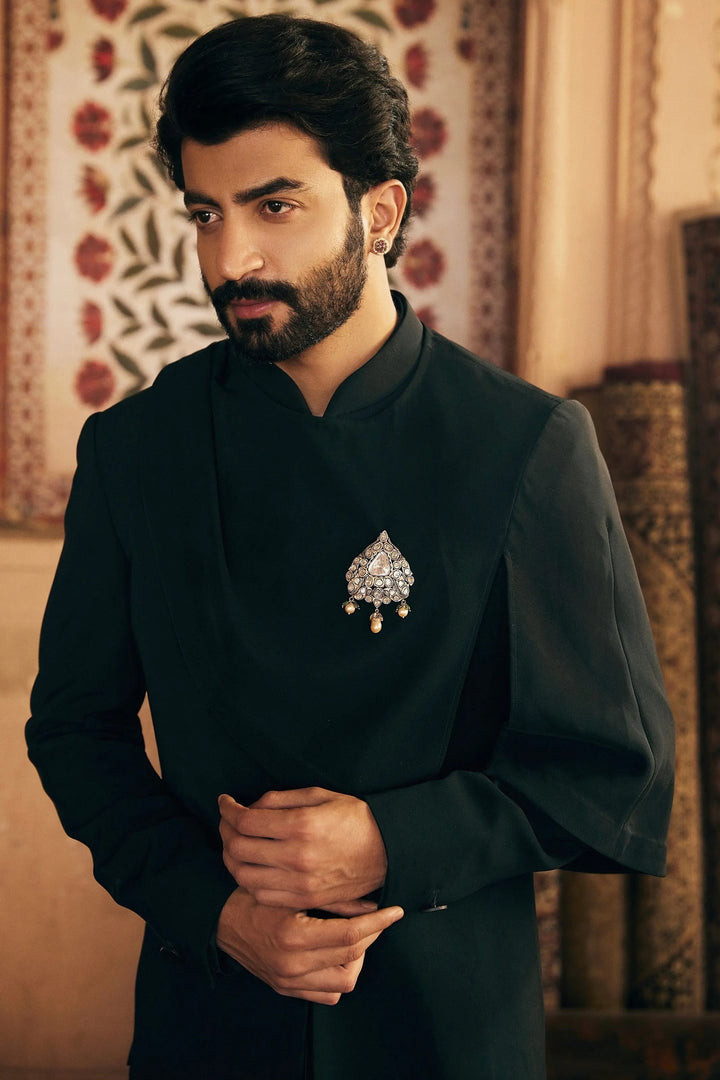 Asymmetric Allure: Indo-Inspired Ensemble with Gilded Brooch Accent - Asuka Couture