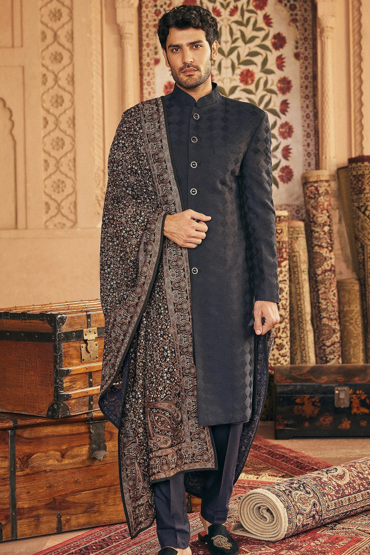Classic Navy Blue Kashmiri Resham Embroidery Sherwani - Asuka Couture