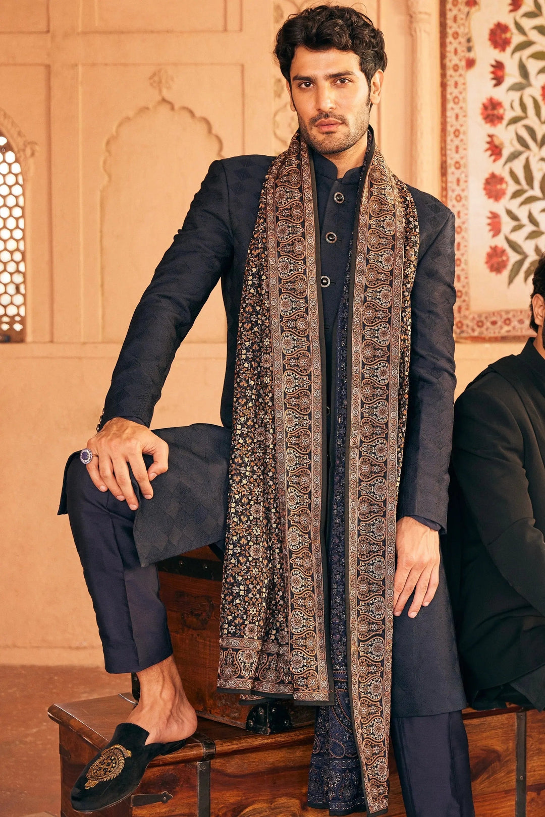 Classic Navy Blue Kashmiri Resham Embroidery Sherwani - Asuka Couture