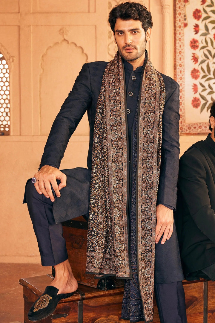 Classic Navy Blue Kashmiri Resham Embroidery Sherwani - Asuka Couture