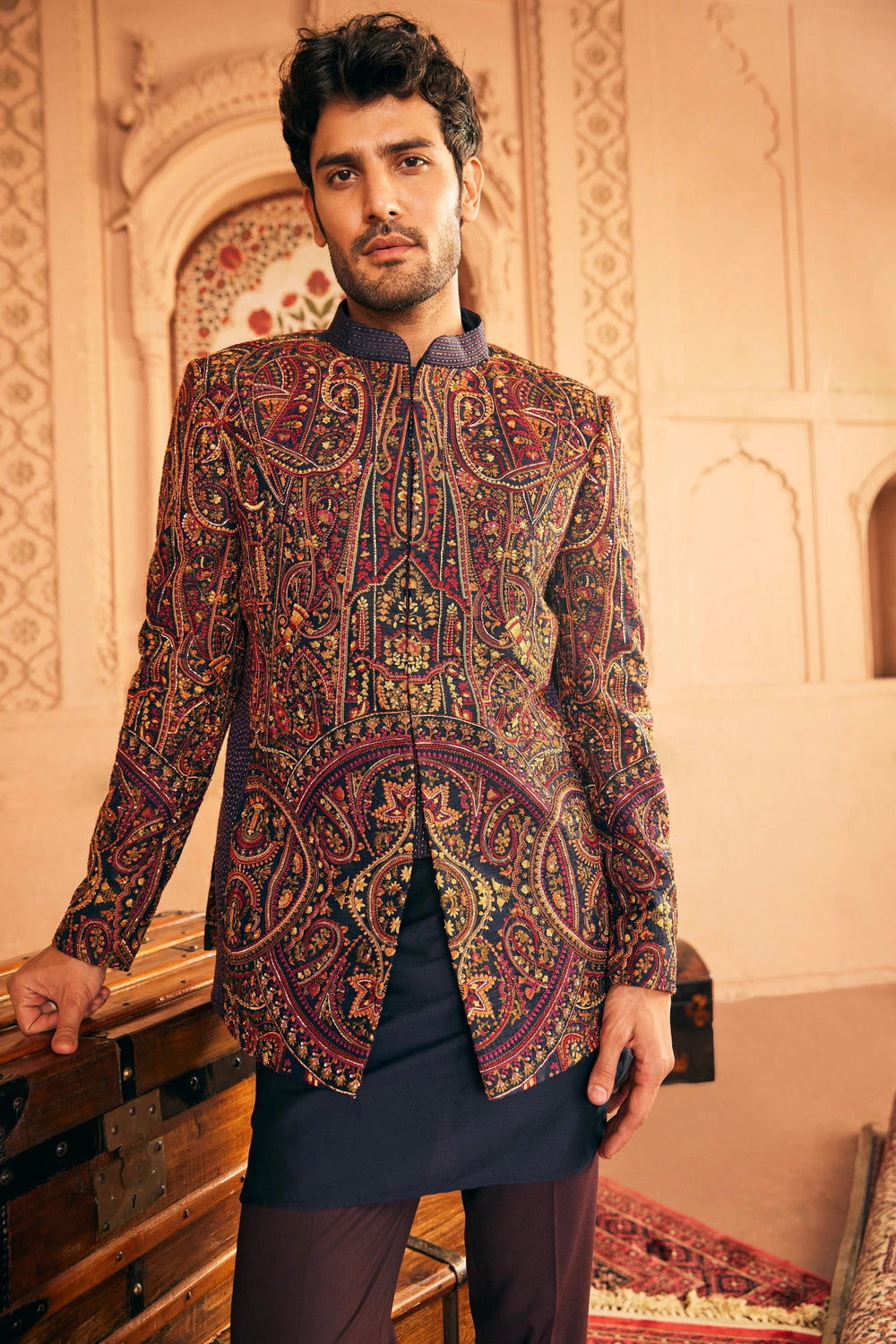 Navy Bandhgala with Multi Colored Embroidery - Asuka Couture