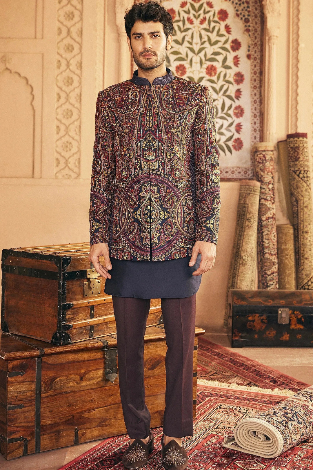 Navy Bandhgala with Multi Colored Embroidery - Asuka Couture