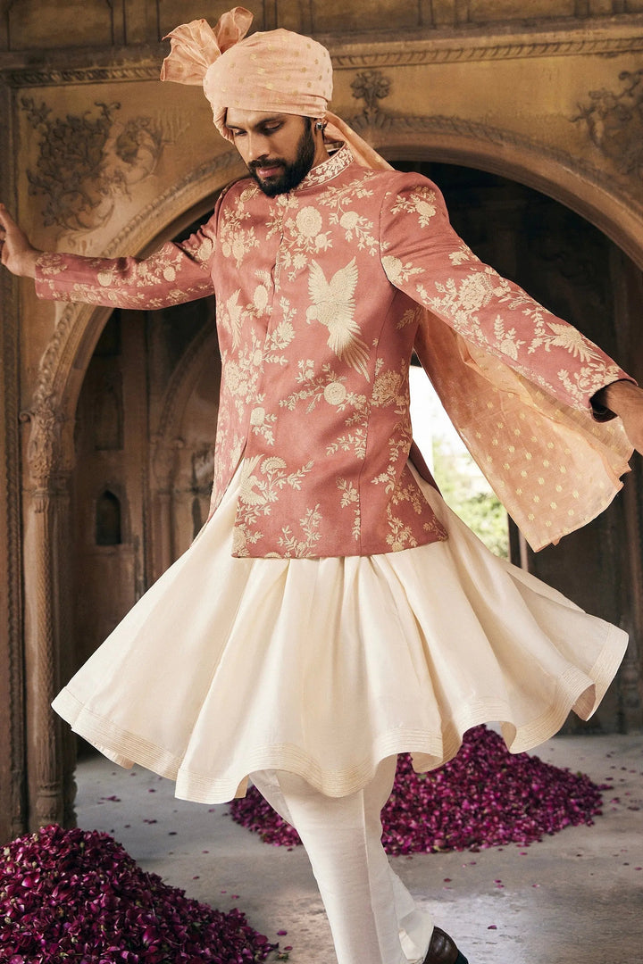 Pink Kiran Dori Embroidery Bandhgala with Anarkali Kurta - Asuka Couture