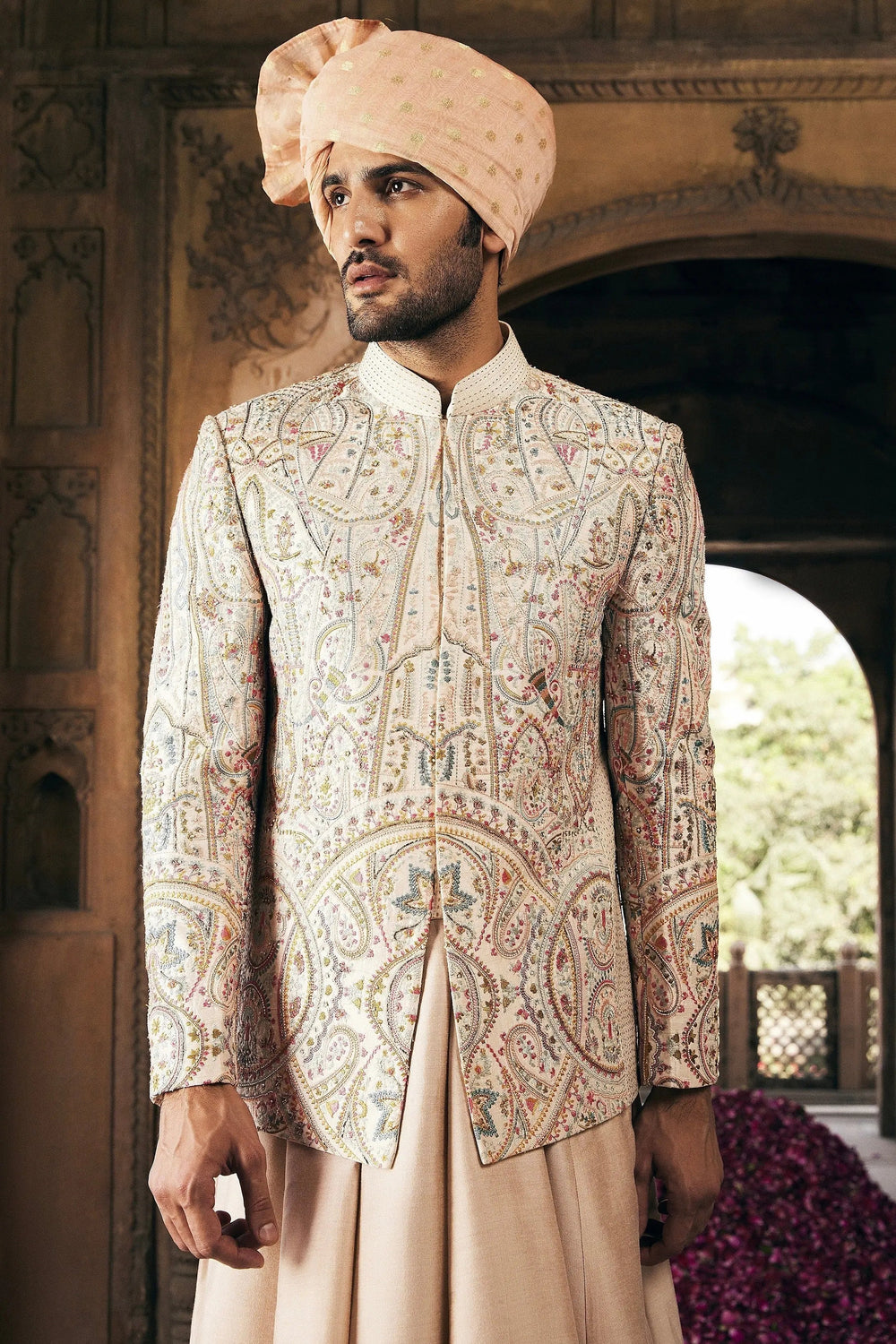 Cream Bandhgala with Multi Colored Embroidery - Asuka Couture