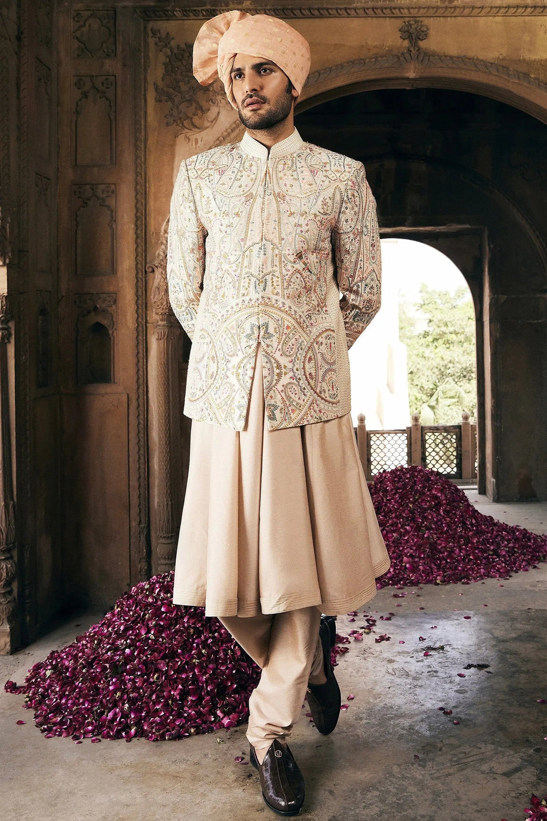 Cream Bandhgala with Multi Colored Embroidery - Asuka Couture