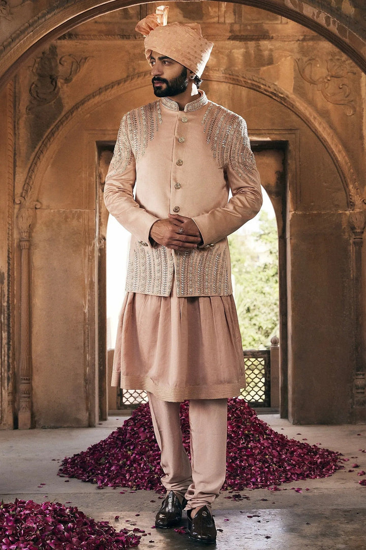 Beige Embroidered Bandhgala with Anarkali Kurta - Asuka Couture