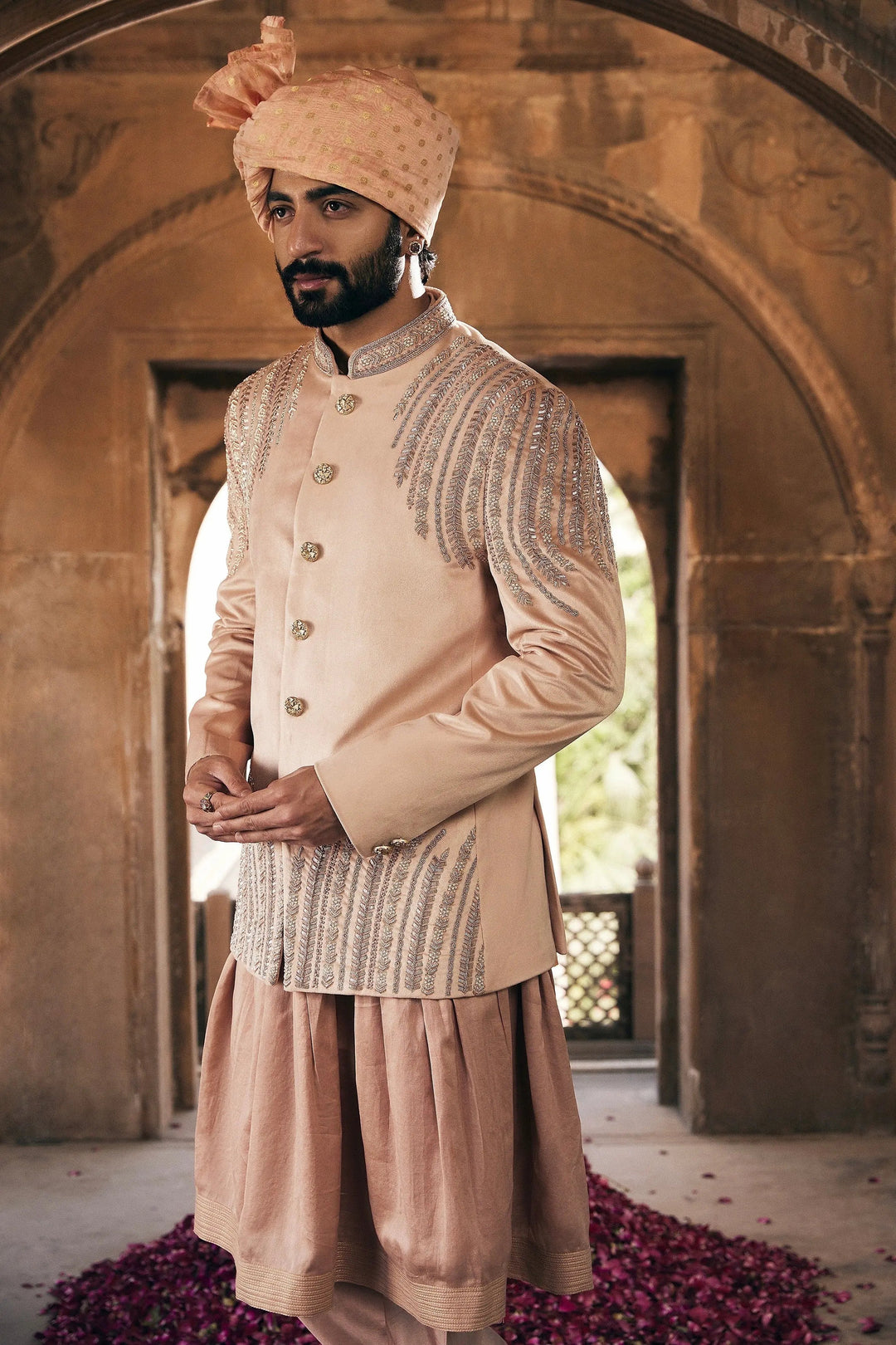 Beige Embroidered Bandhgala with Anarkali Kurta - Asuka Couture