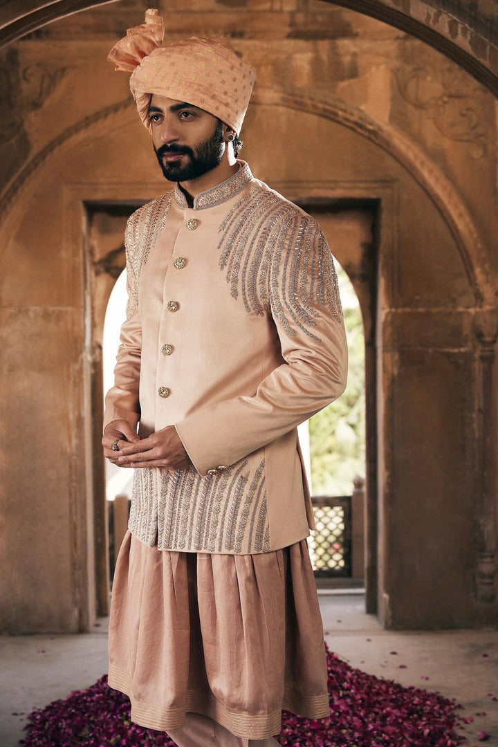 Beige Embroidered Bandhgala with Anarkali Kurta - Asuka Couture