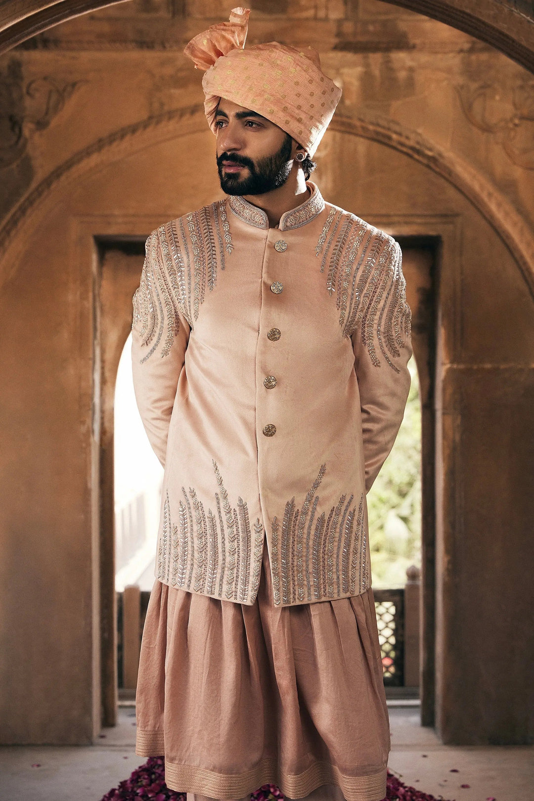 Beige Embroidered Bandhgala with Anarkali Kurta - Asuka Couture