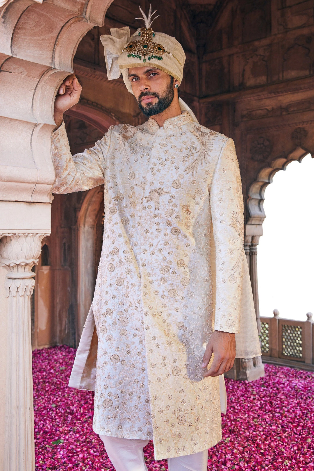 Cream Moti and Sequins Embroidered Sherwani - Asuka Couture