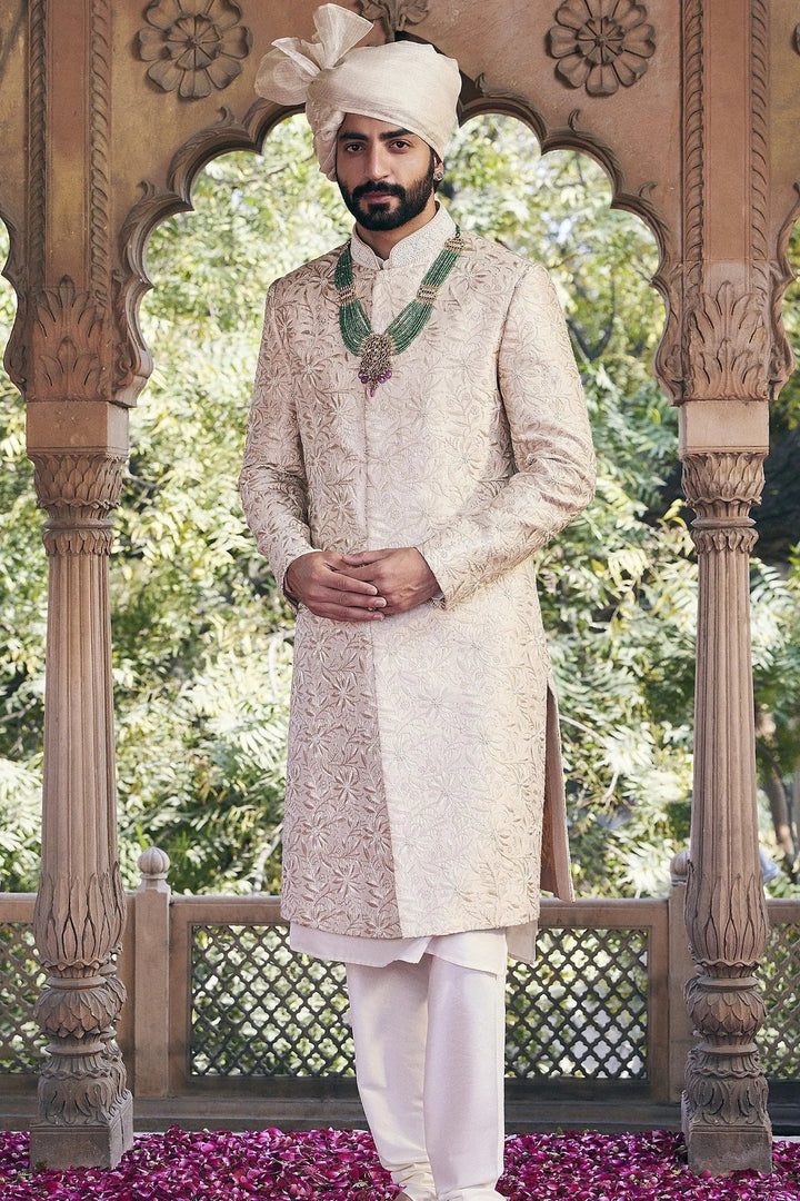 Cream Floral Hand Embroidered Sherwani with Threadwork and Moti - Asuka Couture