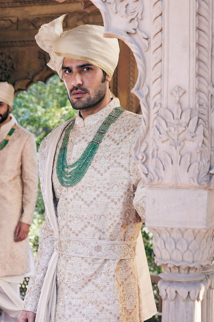 Cream Pitta and Sequins Embroidered Sherwani - Asuka Couture